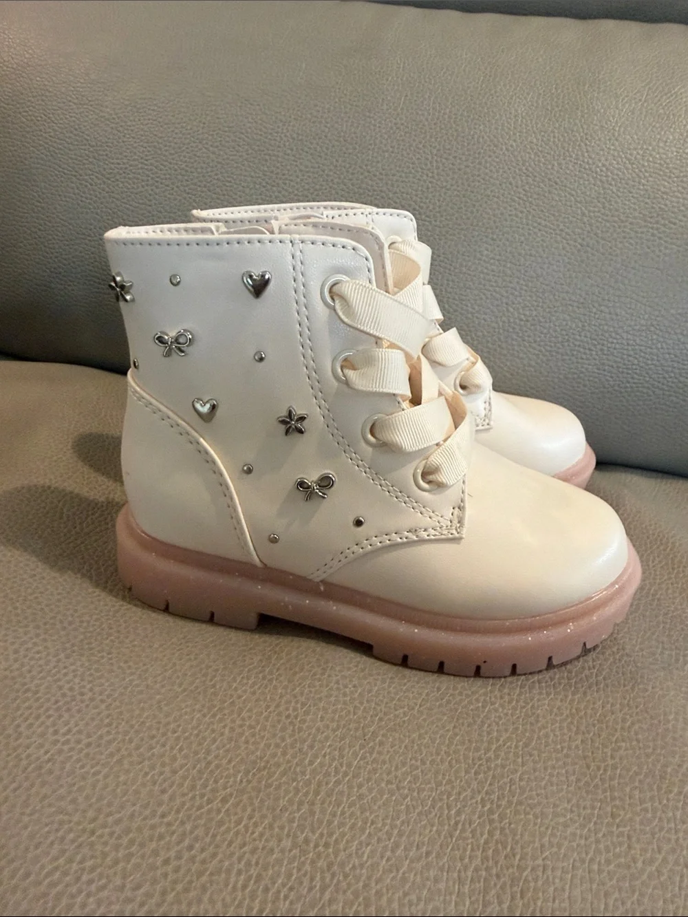 Kids Cream Ankle Boots with Pink Sole